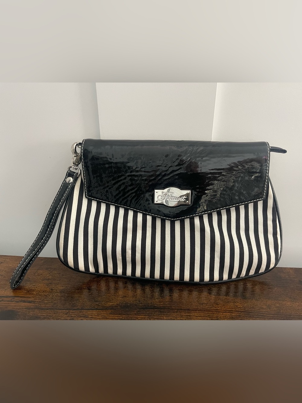 Flamnt Black & White Striped Patent Flap Wristlet Clutch